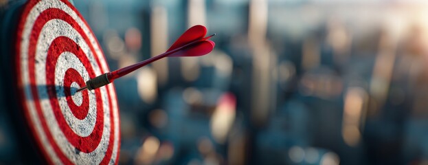 Dart hitting target with cityscape in background, representing a business goal and achievement concept