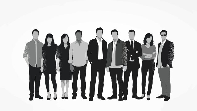 A diverse group of casually dressed men and women stand together in a studio setting against a white background.
