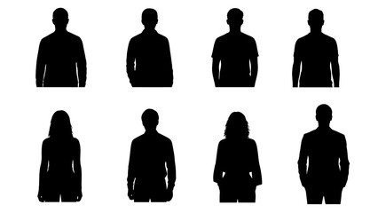 Eight black silhouettes of people standing against a white background, representing diverse body types and genders.