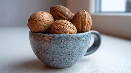 Whole Walnuts in Rustic Ceramic Mug on White Tabletop, Healthy Natural Food Snack and Ingredient