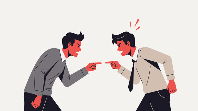 Two angry businessmen pointing fingers at each other in a heated argument, symbolizing conflict and disagreement.