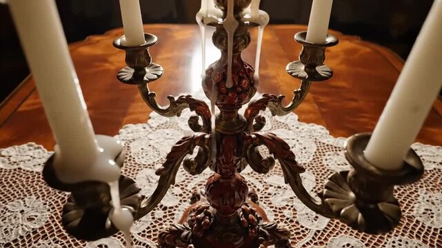 Antique Candelabra And Lace Table Runner In Dim Light For Background Scenes Or Events