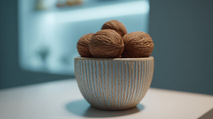 Rustic ceramic bowl filled with whole walnuts on a white surface with a soft, blurred blue background. Healthy and natural snack.