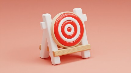 3D-rendered target practice board with wooden, white, and red elements on a peach backdrop