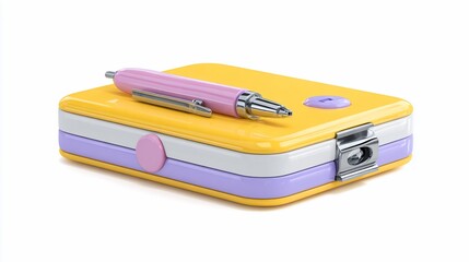 Colorful close-up of a pencil case with a pen, rendered against a white background