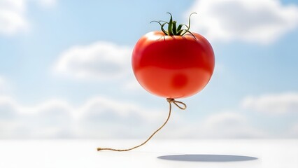 Surreal red tomato floating like a balloon on a string against a blue sky with clouds