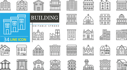 Building Line Editable Icons set. containing featuring factory, mosque, apartment, stadium, skyscrapers, museum, school, university, church, mill, wind, pagoda, thin linear vector illustration