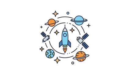 Fototapeta premium Space exploration concept illustration with rocket, planets, satellites, and stars. Universe, astronomy, science, cosmic research.