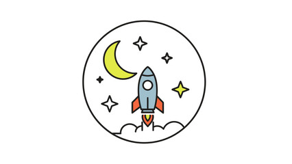 Obraz premium Rocket Launch Icon with Moon and Stars, Symbolizing Space Travel, Exploration, Technology, and Startup Innovation
