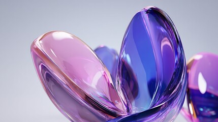 Abstract, vibrant, 3D rendering of glass-like, twisting forms with iridescent color gradients