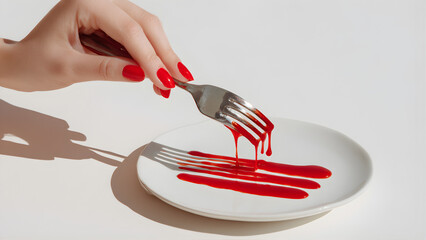 a woman's hand with red nails, holding a fork in her right palm and dripping sauce onto an all-white plate. the sauce is a bright crimson, and it flows down from one side of the metal fork to form thr