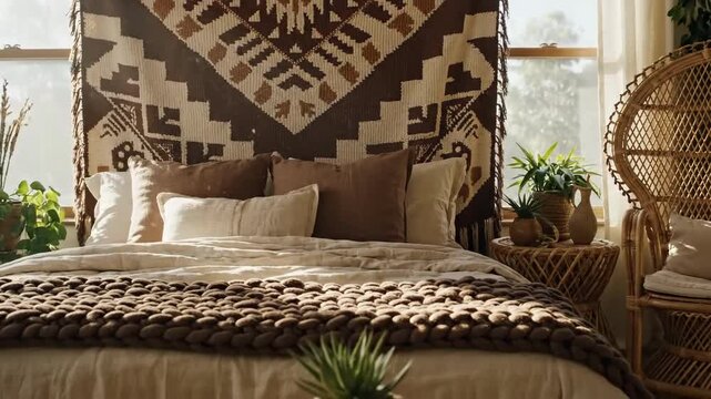 Bohemian Bedroom Interior With Ethnic Textile And Rattan Furniture In Natural Light