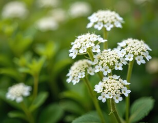 Fototapeta premium White candytuft flowers bloom in garden. Iberis sempervirens grow in spring. Small petals group together on green stems. Nature plants are fresh and pretty.