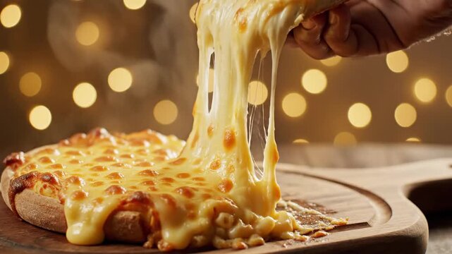 A close-up shot of a cheesy pizza, a hand lifting a slice with strings of melted cheese