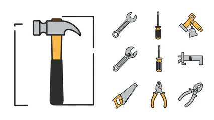 Fototapeta premium Set of various hand tools icons including hammer, wrench, screwdriver, saw, pliers, and axe. Essential equipment for construction, repair, and DIY projects.