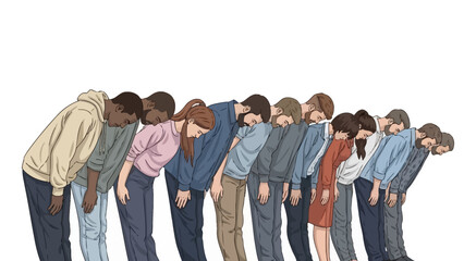 Fototapeta premium A diverse group of people are shown in a line, all bowing their heads in unison, suggesting a shared experience or emotion.