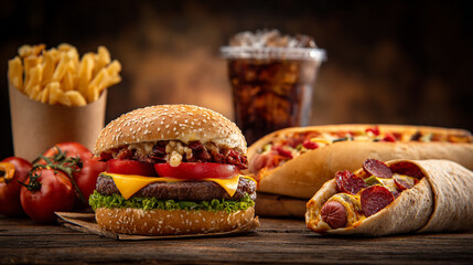 Rustic Fast Food Feast: Juicy Bacon Cheeseburger, Hot Dog, Fries, Wrap, and Soda on a Wooden Table