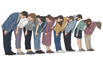 A diverse group of people in business attire bowing in unison, demonstrating respect and teamwork.