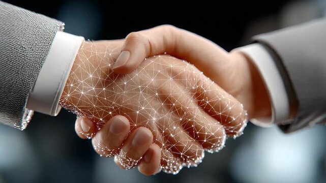 Digital handshake: A modern business deal is sealed with a digital handshake, symbolizing connection and partnership in the digital age. This image conveys the essence of modern business and tech.