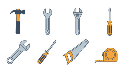 Obraz premium Vector illustration of essential hand tools set including hammer, wrenches, screwdrivers, saw, and tape measure for repair and DIY.