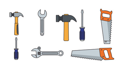 Set of essential hand tools for DIY, construction, and home repair. Featuring hammers, wrenches, screwdrivers, and saws vector illustration.