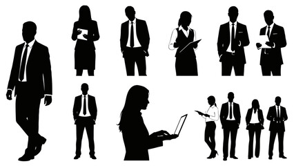 Collection of diverse business professionals in silhouette, showcasing various poses and activities in a professional setting.