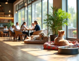 Dogs rest on beds in cafe with people dining nearby. Owners enjoy lunch with pets in pet friendly restaurant. Animals relax on floor near tables.