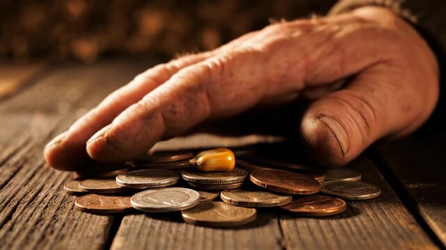 A close-up shot of a hand over a pile of coins, with a single kernel of corn on top