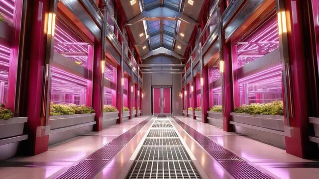 Futuristic Interior Design: An evocative composition of a corridor with vivid pink tones. This picture highlights modern, sleek aesthetics and creates a sense of spatial depth.