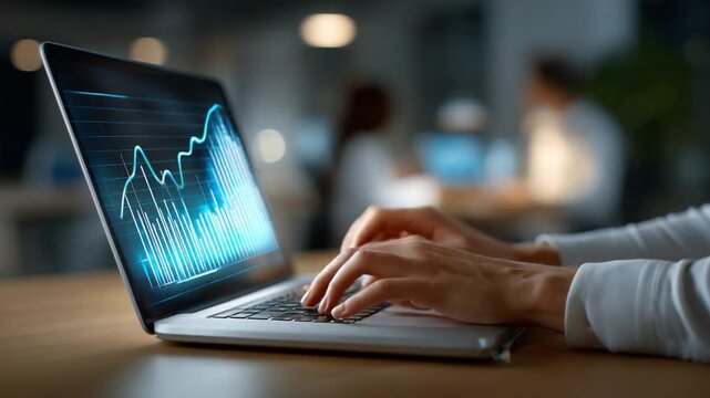 Analyzing Trends on the Laptop Screen: A close-up shot of a person's hands diligently navigating a laptop, the screen illuminating dynamic statistical data, implying financial analysis.