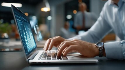 Modern Workplace Dynamics: A close-up shot of a person using a laptop with an analytical display, showcasing the essence of modern business and technology - Powered by Adobe