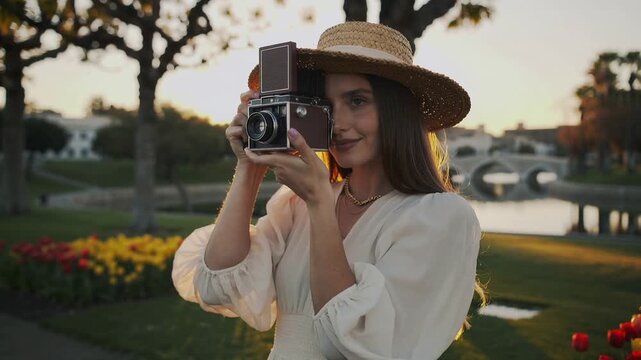 Beautiful young woman with vintage camera taking pictures at sunset, fashion lifestyle