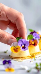 Hand Placing Delicate Edible Flower Topping On Mini Cheesecakes With Yellow Purple Petals In Soft Lighting