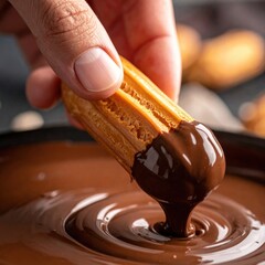 Close up of hand dipping a golden brown churro into melted dark chocolate sauce with a swirl pattern on a dark textured surface and a bokeh background