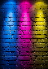 Textured masonry surface illuminated by vibrant, contrasting colored spotlights
