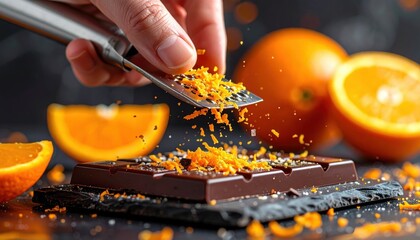 Dark Chocolate Bar Topped with Fresh Orange Zest Prepared with a Grater on a Slate Plate with Whole and Sliced Oranges in the Background Dramatic Lighting