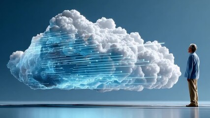 Cloud Computing and Future Integration: An individual stands in contemplation of a giant cloud with streams of data flowing towards it, representing the future of technology and connectivity.  - Powered by Adobe