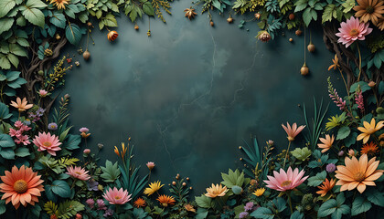 Floral border with pink orange and yellow flowers on dark green background