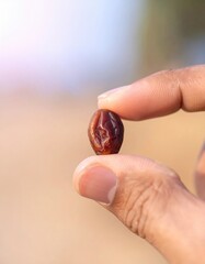 Close Up Of A Person Holding A Single Raisin Between Their Thumb And Index Finger In Soft Natural Light
