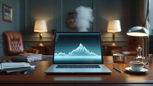 Workspace Analysis: A sophisticated workstation setup, dominated by a laptop displaying a striking graphical representation, is framed by ambient lighting in a professional setting.