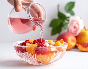Hand Pours Pink Liquid Into Crystal Bowl Filled With Fresh Peaches Raspberries And Other Fruits With Soft Lighting And A Rose In The Background