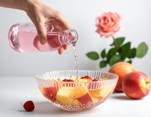 Clear Liquid Being Poured From Clear Bottle Into Crystal Bowl Filled With Sliced Peaches and Raspberries With Pink Rose and Peaches in Background
