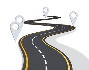 Winding road with location markers, navigating journey, path to success