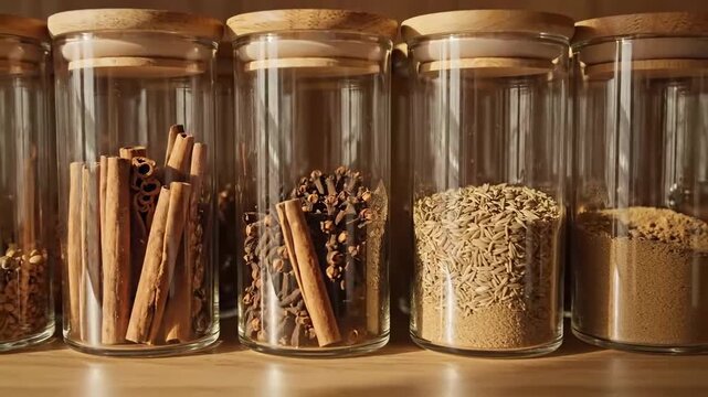 Aromatic Spices Elegantly Displayed In Glass Jars With Wooden Lids On A Wooden Shelf