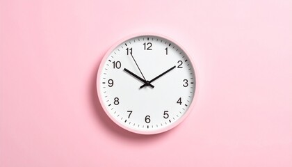 A minimalist wall clock with a monochromatic pink design, mounted on a matching pink wall. The clock features no numbers, only tick marks, with hands positioned at 10:10:00. The composition is clean a