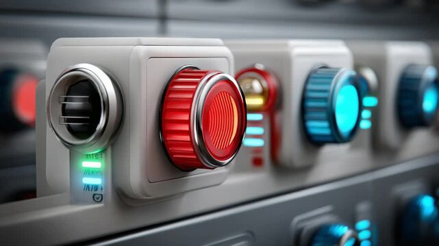 Precision Control Panel: A close-up showcases a modern control panel, highlighting a series of precise dials with a spectrum of colors, including vibrant red, blue, and green.