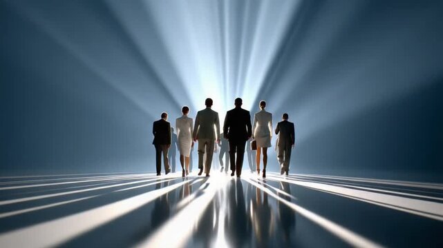 Ambition and Leadership: A powerful silhouette of a business team strides confidently toward a radiant light, symbolizing vision, ambition, and the journey to success.