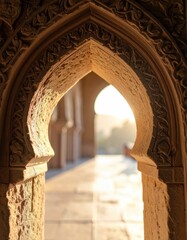 Ornate Archway With Intricate Carvings Bathed In Golden Sunlight Creating A Welcoming Pathway
