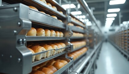 Massive bakery racks hold rows of fresh baked bread loaves. Automated food production system creates daily bread supply. Baked goods ready for sale in large facility.