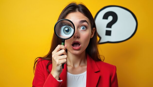 Woman with surprised face looks through magnifying glass. Question mark symbol appears in speech bubble. She investigates or searches for something with intense curiosity and focus on details.